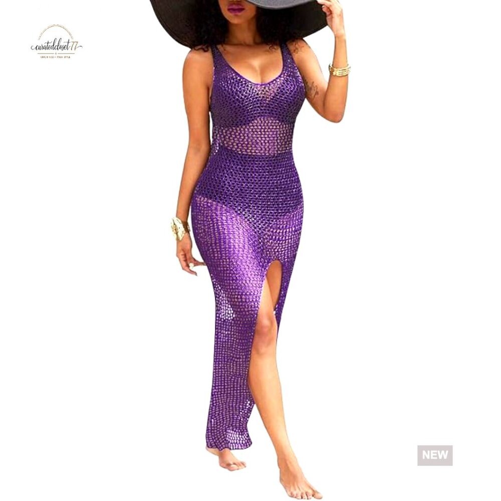 Scoop Neck Crochet Cover Up Maxi Dress for Beach Pool Vacation